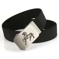 Close-up of black elastic woven belt with silver automatic buckle featuring horse emblem - Horse / Black