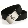 Detail of silver brushed metal automatic buckle with ram relief on black elastic belt - Sheep / Black