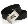 Detail of black tactical elastic belt with matte silver buckle featuring a wild boar relief - Pig