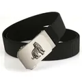 Close-up of black elastic woven belt featuring a silver tiger relief automatic buckle - Tiger