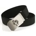 Detail of silver automatic buckle with rooster relief on black elastic woven belt - Rooster