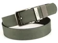 Macro detail of military green nylon belt fabric and matte silver buckle with TUSHI logo - 120cm / Dark Gray
