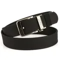 Men's black woven canvas belt featuring a dark gunmetal automatic buckle with Tushi logo - 120cm / Black