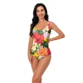 Slim fit U-neck one-piece swimsuit with tropical floral print for beach vacation - S / Yellow Tropical Floral (XG202-1004)