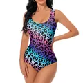 Pink and blue gradient leopard print one-piece swimsuit with slim fit and wide straps - S / Blue Purple Pink Gradient Leopard (XG202-1010)