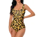 One-piece swimsuit with golden leopard print and shimmering sequin effect on white background - S / Gold Leopard (XG202-1011)