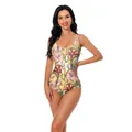 Slim fit one-piece U-neck swimsuit featuring 3D lily floral print on bright yellow fabric - S / Yellow Lily (XG202-1008)
