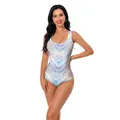 Rainbow fish scale printed one-piece swimsuit with U-neck and colorful iridescent pattern - S / Blue Purple Fish Scale Style (XG202-1002)