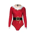 Christmas themed long sleeve bodysuit with red holiday prints and white faux fur trim - Red Fur Collar Candy Cane (SB120-1035)