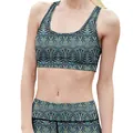 Women's yoga set featuring leggings and sports bra with blue and gold geometric patterns - S / Tops / Tribal Geometric (B902-007)