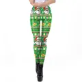 Women Christmas leggings with Santa Claus and snowflake prints on green stretch fabric - Green Base Santa and Gift Box Pattern (SKDK003)