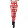 Women Christmas leggings with Santa and reindeer pattern on red festive stretch pants - Red Base White Reindeer Snowflake Pattern (SKDK004)