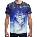 Men's blue t-shirt with digital white tiger and owl print, high elasticity crew neck top - S / Fantasy Blue White Tiger (B121-139)