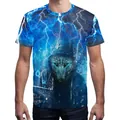 Men's T-shirt featuring 3D cyberpunk black wolf digital print and blue lightning elements - Cyber Lightning Wolf (B121-138)