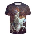 T-shirt gothique fantaisie avec fille sur carrousel et couronne de fleurs mauves - S / Hauts / Style Gothique Fille en Robe Blanche (B121-165)