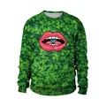 St. Patrick's Day green clover print sweatshirt with a diamond in red lips graphic design - M / Green Clover Lips Diamond (B102-002)