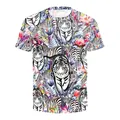 T-shirt à manches courtes avec imprimé intégral de faune tropicale et tigre blanc - S / Hauts / Faune de la Forêt Tropicale (B121-162)