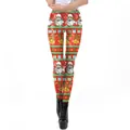 Women's red Christmas leggings featuring festive Santa Claus and bell prints - Red Base Santa and Bell Pattern (SKDK002)