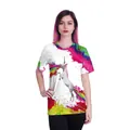 White crew neck T-shirt featuring a colorful rainbow unicorn digital print for women - S / Tops / White Splash Ink Unicorn (B121-008)
