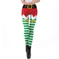 Leggings navideños para mujer con rayas verdes blancas y estampado de cinturón - S / Estilo de Elfo a Rayas Rojas y Verdes (SKDK078)