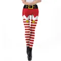 Leggings navideños de mujer con rayas rojas y blancas y estampado de cinturón festivo - S / Estilo de Navidad a Rayas Rojas y Blancas (SKDK079)
