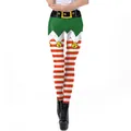 Kerstleggings voor dames met rood-witte strepen en een groene elfenriem bedrukking - Groen en Rood Gestreepte Elf Stijl (SKDK059)