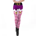 Women's Christmas elf leggings with festive 3D stripe print and faux belt detail - Pink White Stripe Bright Elf Style (SKDK081)