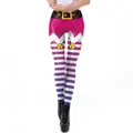 Women's Christmas elf leggings with purple and white stripes and faux belt design - Purple White Stripe Pink Purple Elf Style (SKDK080)