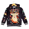 Kids black Christmas hoodie set with 3D reindeer print and Merry Christmas text decor - Black Reindeer with Sunglasses Print (T101-004)