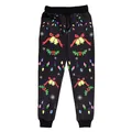 Kids Christmas jogger pants with festive bells, holly leaves and colorful lights print - Black Reindeer with Sunglasses Print (T102-004)