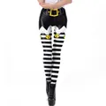 Women's Christmas elf leggings featuring black and white stripes and a printed belt motif - Black White Stripe Christmas Elf Pattern (SKDK082)