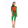 Women's Christmas elf jumpsuit with green body and red-white striped sleeve details - S / Red Green Patchwork Elf Style (B142-170)
