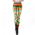 Women's St. Patrick's leggings with orange and green stripes and white floral pattern - Orange Green Striped Cherry Blossom Style (KDK1940)