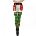 Women Christmas leggings with festive digital print, Santa belt and candy cane patterns - Red Green Stripe Gift Candy Style (SKDK062)