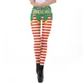 Christmas elf leggings with red and white stripes and printed green belt and gold bells - Red White Stripe Elf Belt Style (SKDK102)