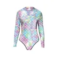 Women's long sleeve mermaid scale swimsuit with rainbow digital print and high neck - S/M / Iridescent Scale (B120-040)