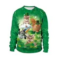 Green St. Patrick's Day pullover sweatshirt featuring festive cat and clover prints - M / Cat Rainbow Shamrock Print (B102-015)