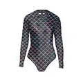 Long sleeve one-piece bodysuit with 3D holographic fish scale print and high neck - S/M / Black Rainbow Scale