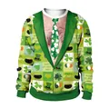 St. Patrick's Day green plaid sweatshirt with funny 3D chest hair and tie print - Fake Chest Hair Plaid Suit Print (B102-087)