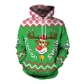 Christmas green hoodie featuring a reindeer print and festive Nordic snowflake patterns - Green Cartoon Reindeer Style (SB101-030)