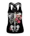 Top negro de Halloween para mujer con estampado de esqueleto, flores y diseño multitira - S / Estilo Reloj de Bolsillo Rosa Esqueleto (B104-056)