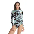 Maillot de bain manches longues à col montant et imprimé floral sur fond noir - Style Floral Tropical (B120-016)