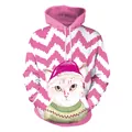 Pink wavy hooded sweatshirt with cute Christmas cat digital print and white drawstrings - Pink White Chevron Cat Style (SB101-037)