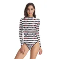 Women's long sleeve bodysuit featuring black and red tribal totem print on white base - S/M / Top And Bottom / Ethnic Totem Style (B120-021)