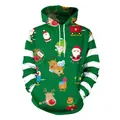 Forest green Christmas hoodie with striped sleeves and festive cartoon prints - Forest Green Cartoon Family Style (SB101-040)