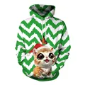 Christmas hoodie with 3D cat print and green chevron pattern on white background - Green White Wave Pattern Cat Style (SB101-041)