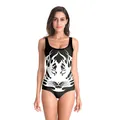 One-piece black swimsuit featuring a bold white tiger head art print and flame patterns - Black Tiger Head Print (B126-144)