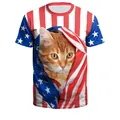 Short sleeve T-shirt with US flag print and a creative 3D orange tabby cat design - S / Creative 3D Cat Style (B121-293)