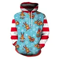 Christmas reindeer print hoodie with blue body and red striped sleeves for festive wear - Light Blue Cartoon Reindeer Style (SB101-044)