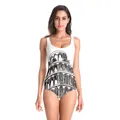 White one-piece swimsuit with black Leaning Tower of Pisa sketch print and slim fit cut - S/M / White Leaning Tower of Pisa Print Style (B126-117)